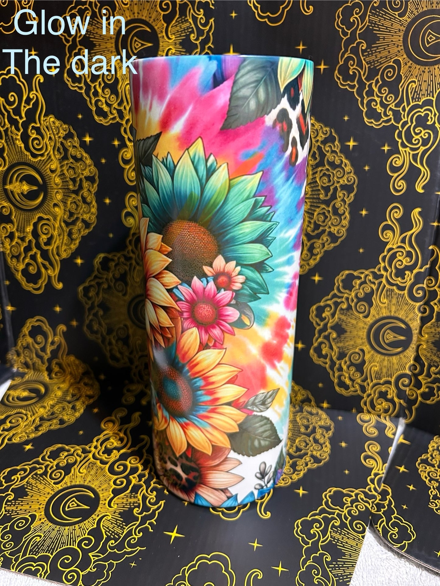 Glow in the dark tie-dye sunflower tumbler